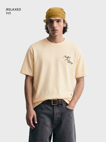 Men's Cream Relaxed Fit Embroidered Casual T-Shirt