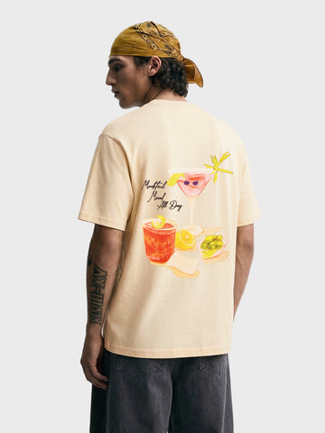 Men's Cream Relaxed Fit Embroidered Casual T-Shirt