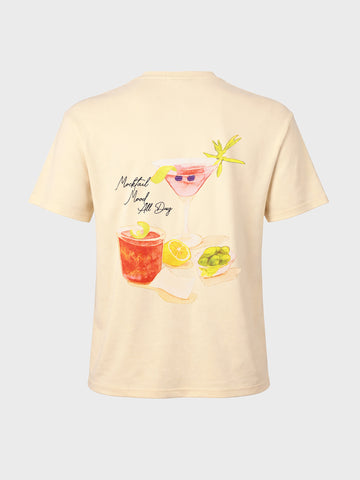 Men's Cream Relaxed Fit Embroidered Casual T-Shirt