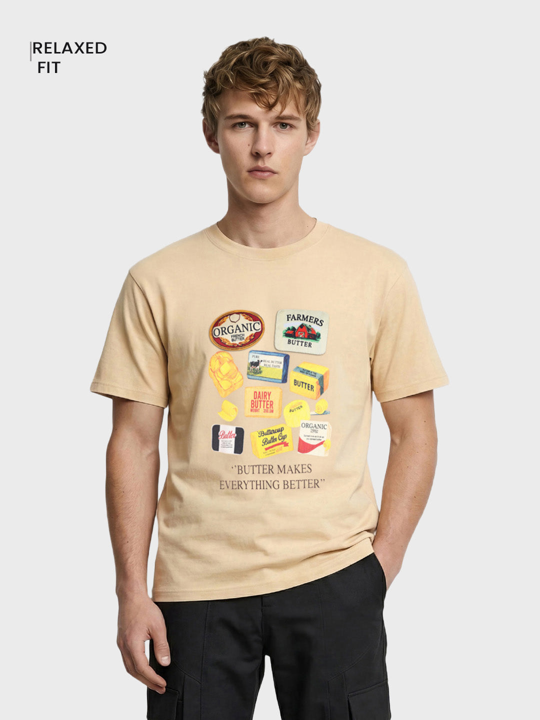 Men's Beige Relaxed Fit Printed Casual T-Shirt