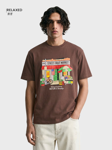 Men's Brown Relaxed Fit Graphic Printed Casual T-Shirt