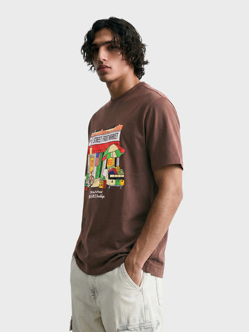 Men's Brown Relaxed Fit Graphic Printed Casual T-Shirt