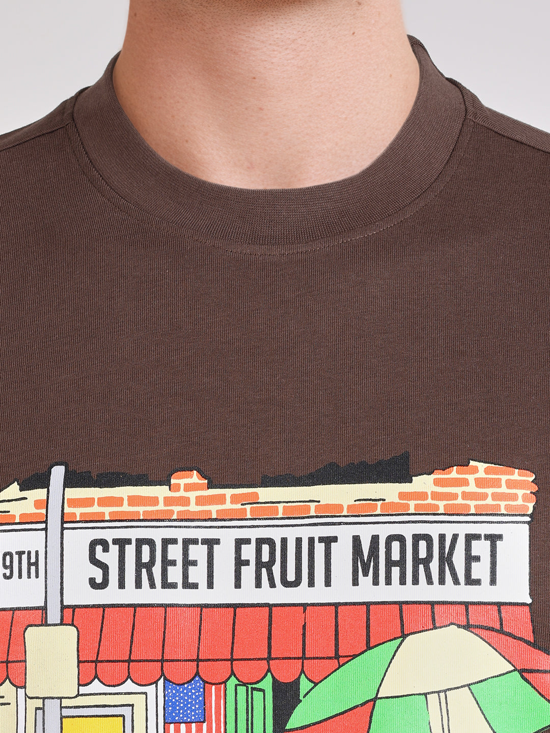Men's Brown Relaxed Fit Graphic Printed Casual T-Shirt