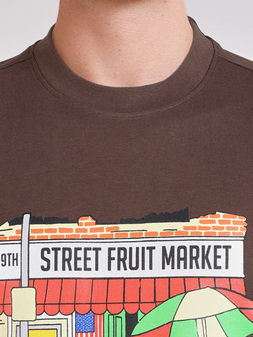 Men's Brown Relaxed Fit Graphic Printed Casual T-Shirt