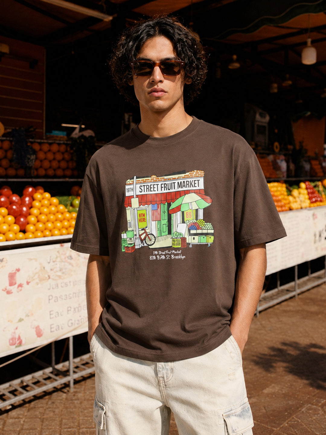 Men's Brown Relaxed Fit Graphic Printed Casual T-Shirt