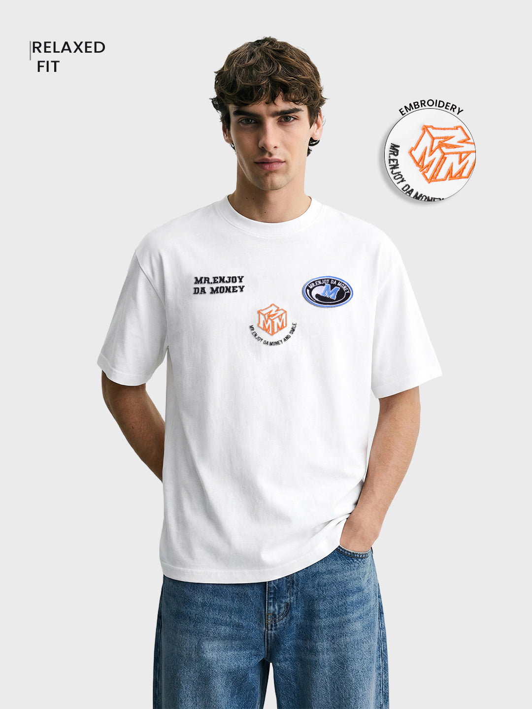Men's White Relaxed Fit Embroidered Casual T-Shirt