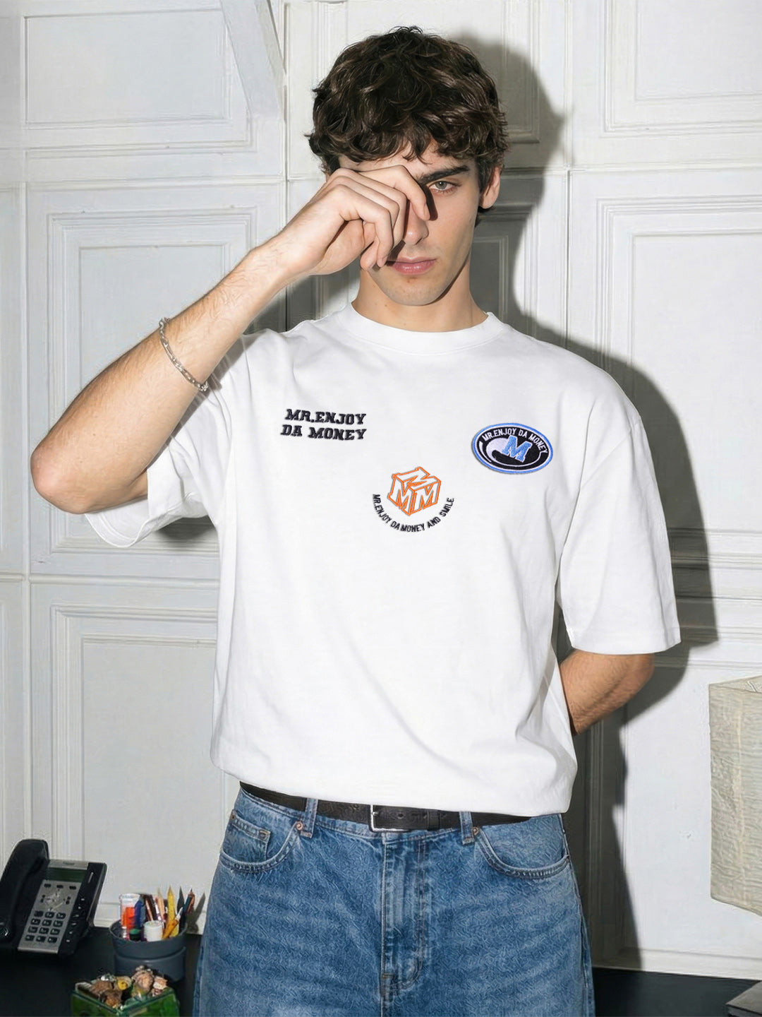 Men's White Relaxed Fit Embroidered Casual T-Shirt