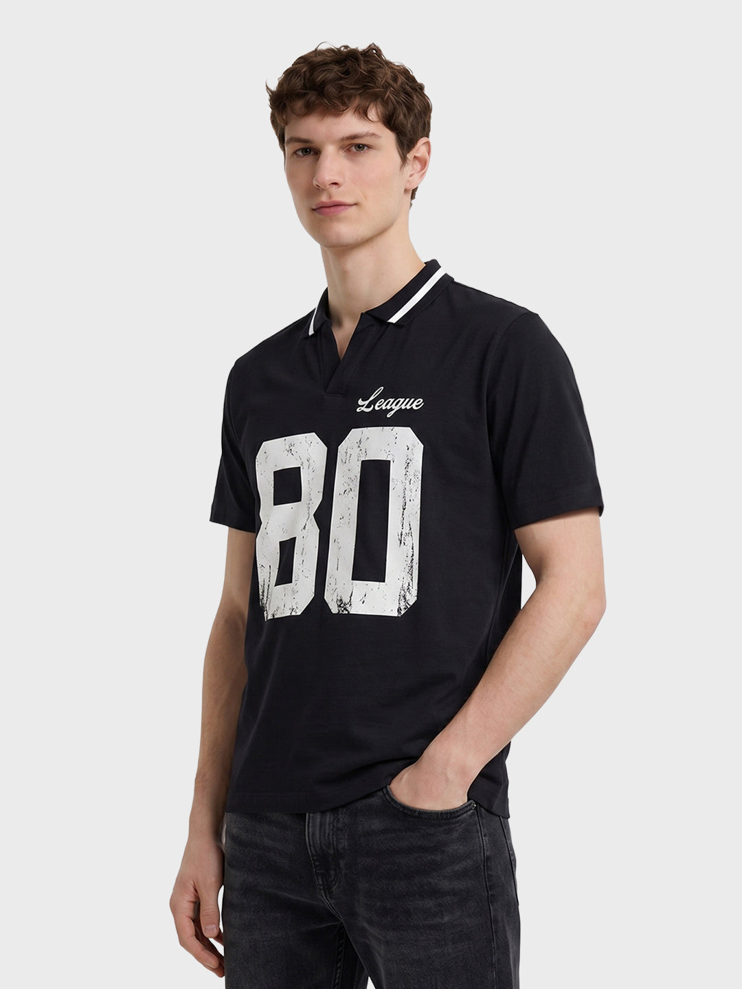 Men's Black Relaxed Fit Graphic Printed Casual Polo T-Shirt