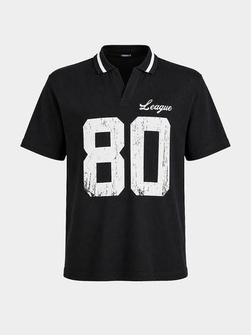 Men's Black Relaxed Fit Graphic Printed Casual Polo T-Shirt