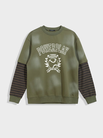 Men's Olive Relaxed Fit Graphic Printed Casual Sweatshirt