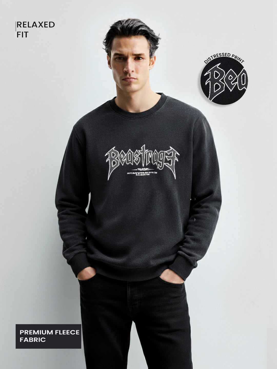 Men's Black Relaxed Fit Graphic Printed Casual Sweatshirt