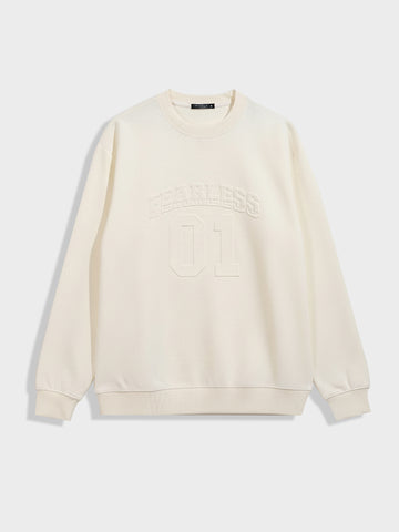 Men's Cream Relaxed Fit Embroided Casual Sweatshirt
