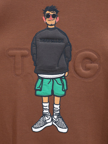 Men's Brown Relaxed Fit Embroided Casual Sweatshirt