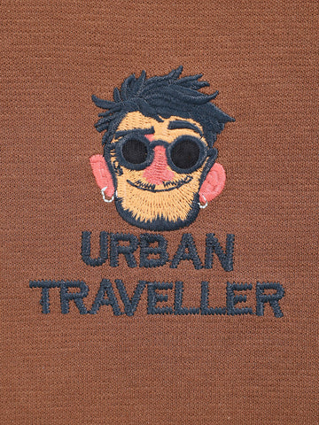 Men's Brown Relaxed Fit Embroided Casual Sweatshirt