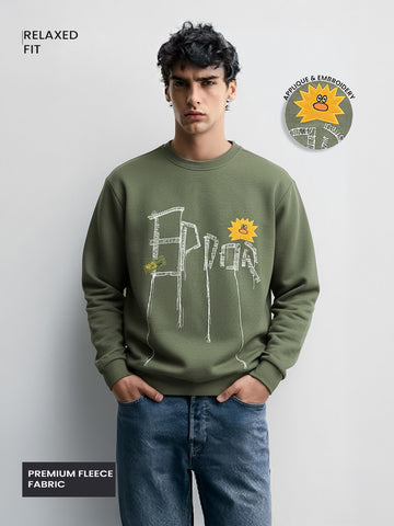 Men's Green Relaxed Fit Embroided Casual Sweatshirt