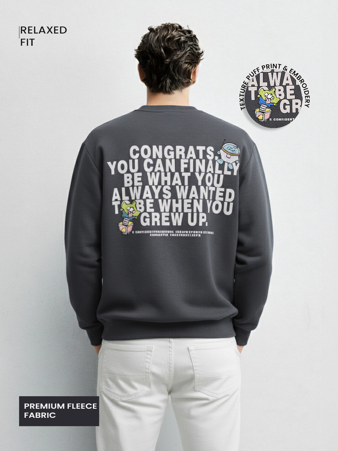 Men's Grey Relaxed Fit Graphic Printed Casual Sweatshirt