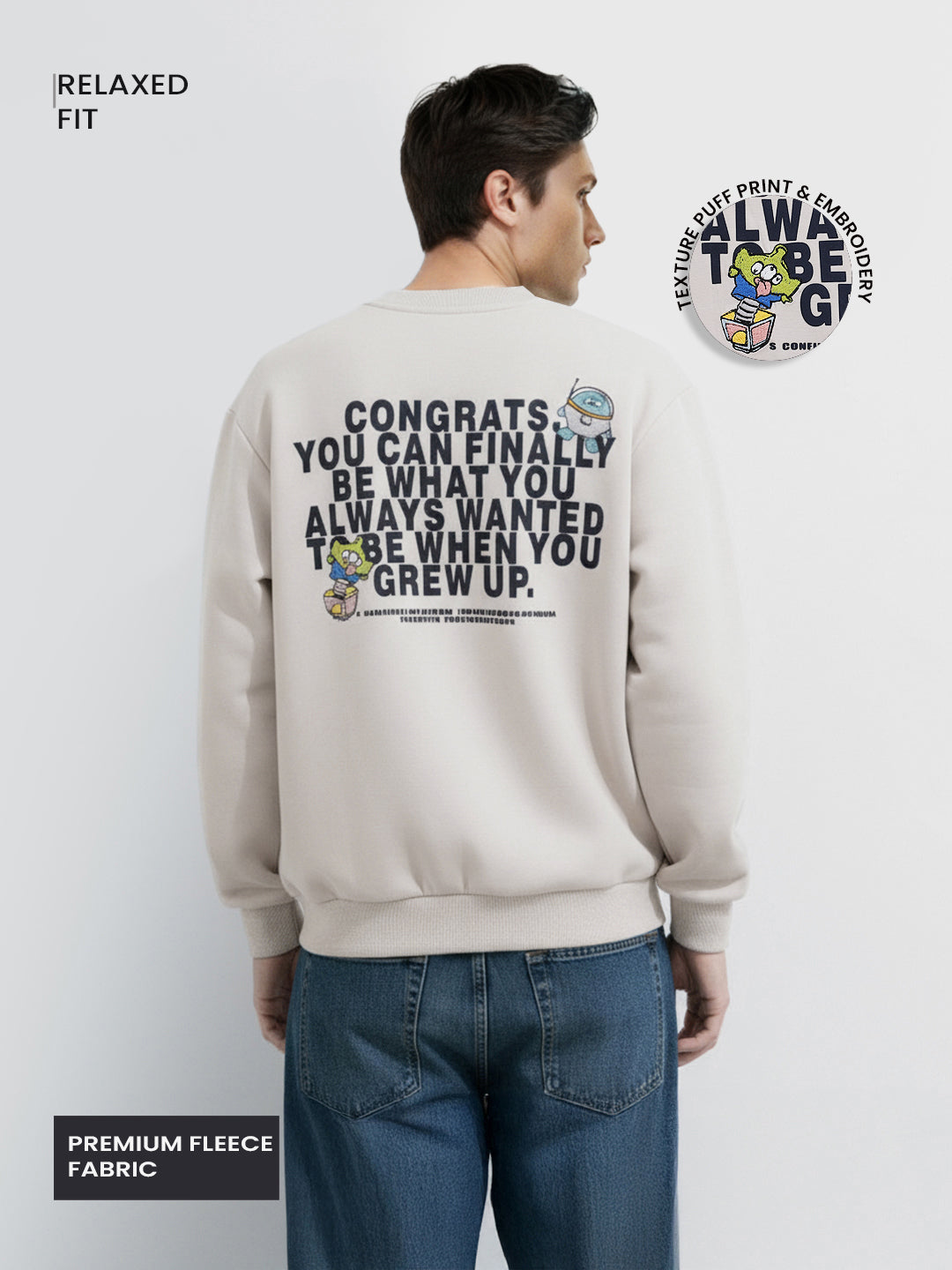 Men's Cream Relaxed Fit Graphic Printed Casual Sweatshirt