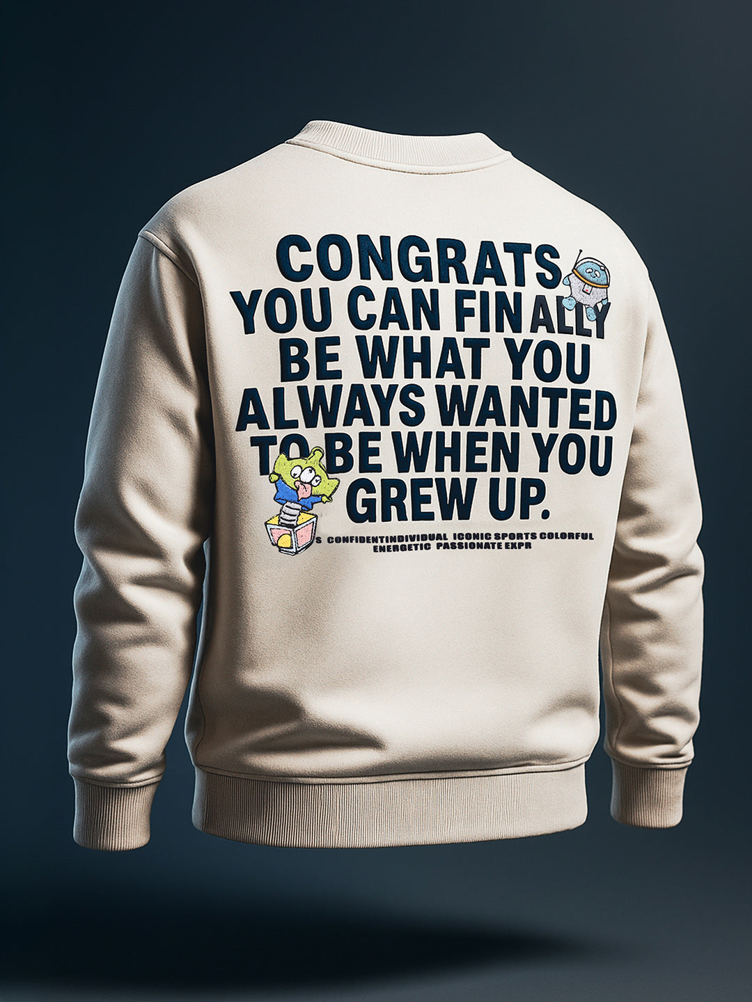 Men's Cream Relaxed Fit Graphic Printed Casual Sweatshirt