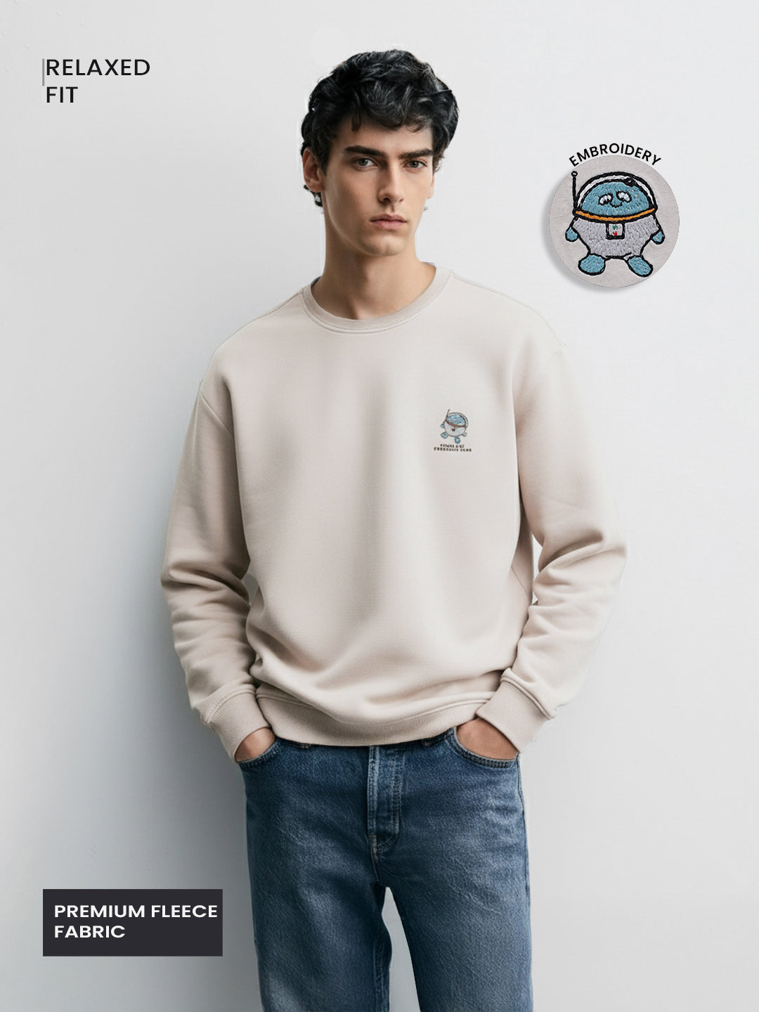 Men's Cream Relaxed Fit Graphic Printed Casual Sweatshirt
