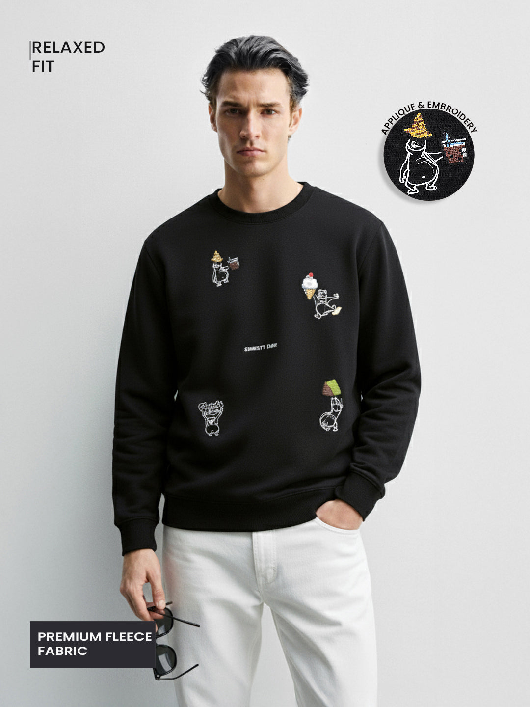 Men's Black Relaxed Fit Embroided Casual Sweatshirt