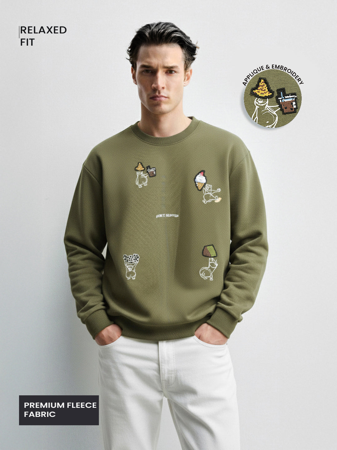Men's Olive Relaxed Fit Embroided Casual Sweatshirt