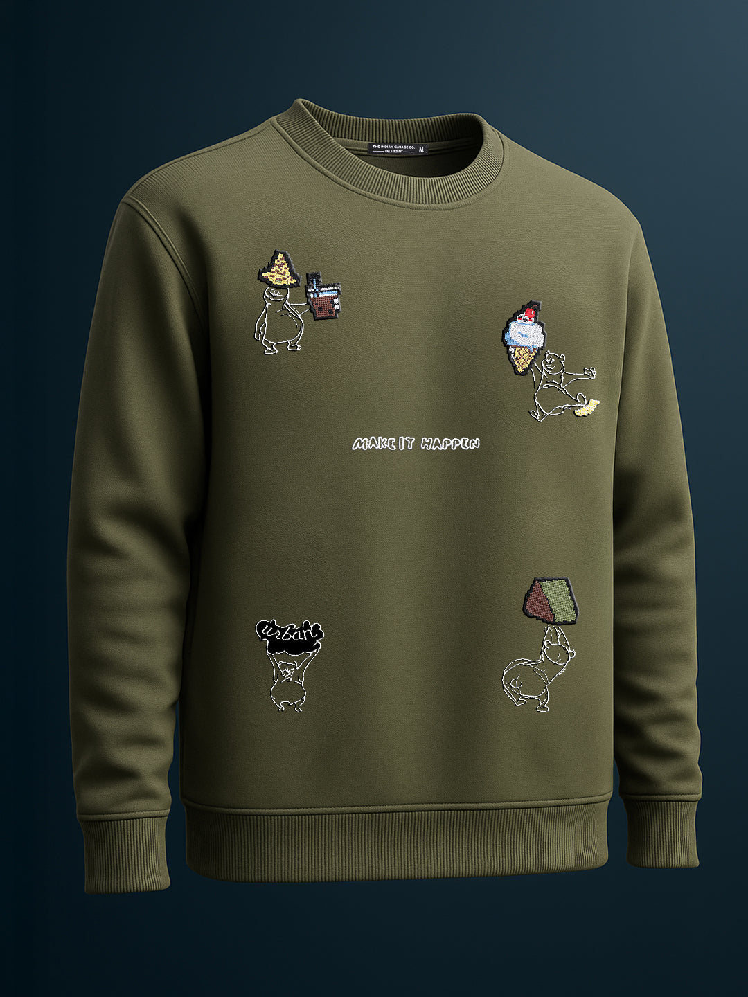 Men's Olive Relaxed Fit Embroided Casual Sweatshirt