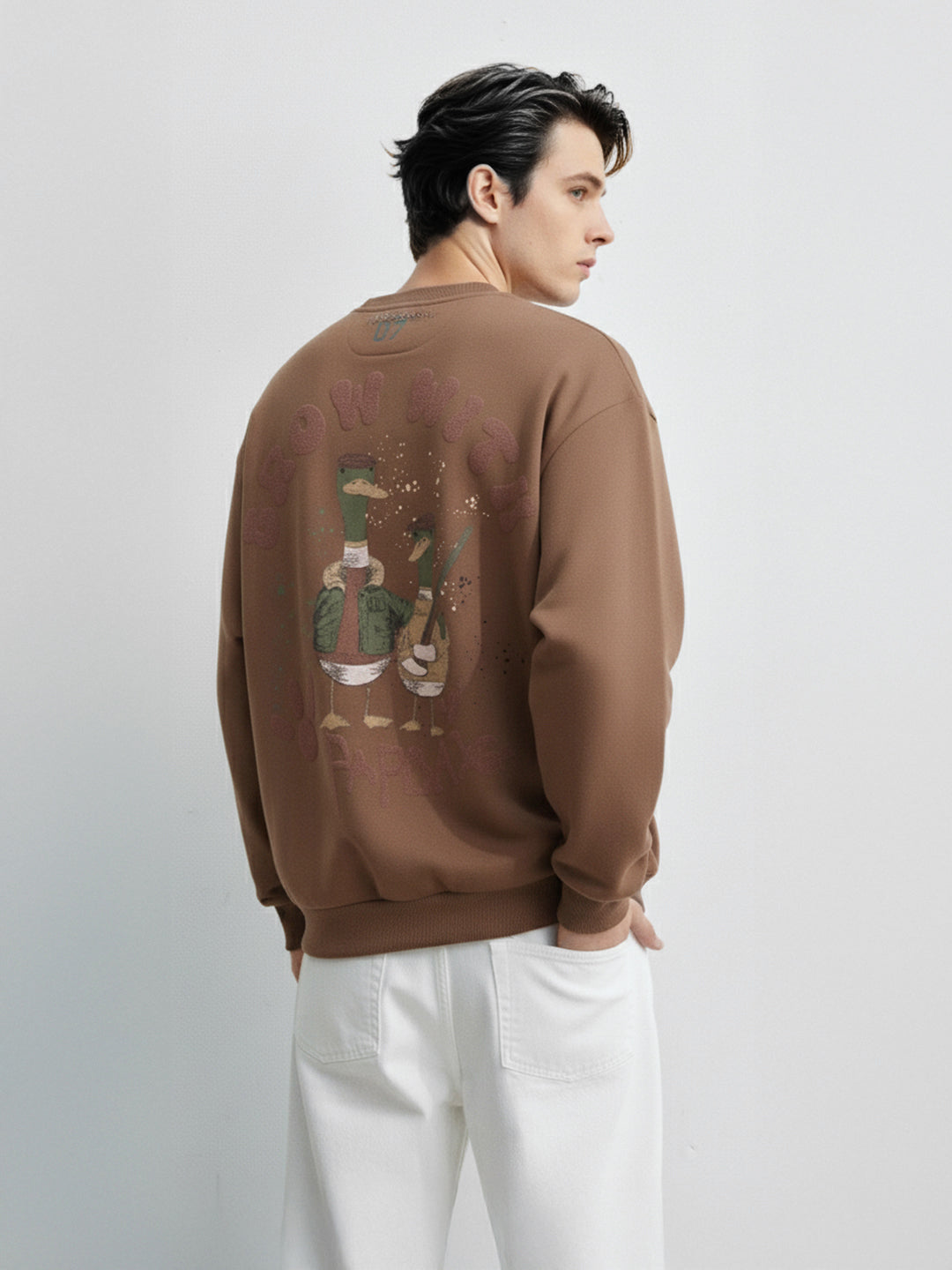 Men's Brown Relaxed Fit Graphic Printed Casual Sweatshirt