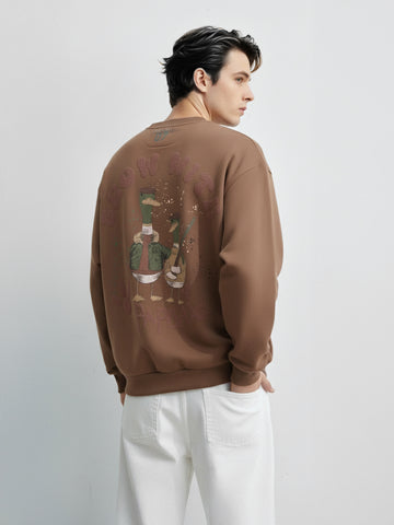 Men's Brown Relaxed Fit Graphic Printed Casual Sweatshirt