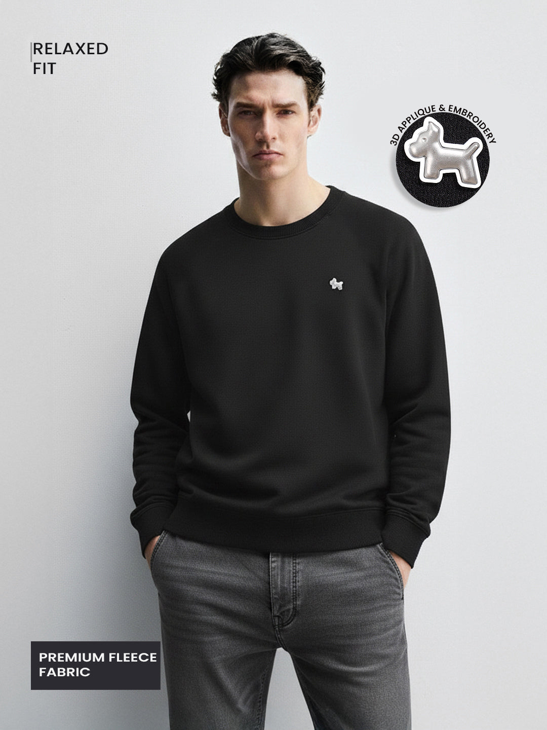 Men's Black Relaxed Fit Embroided Casual Sweatshirt