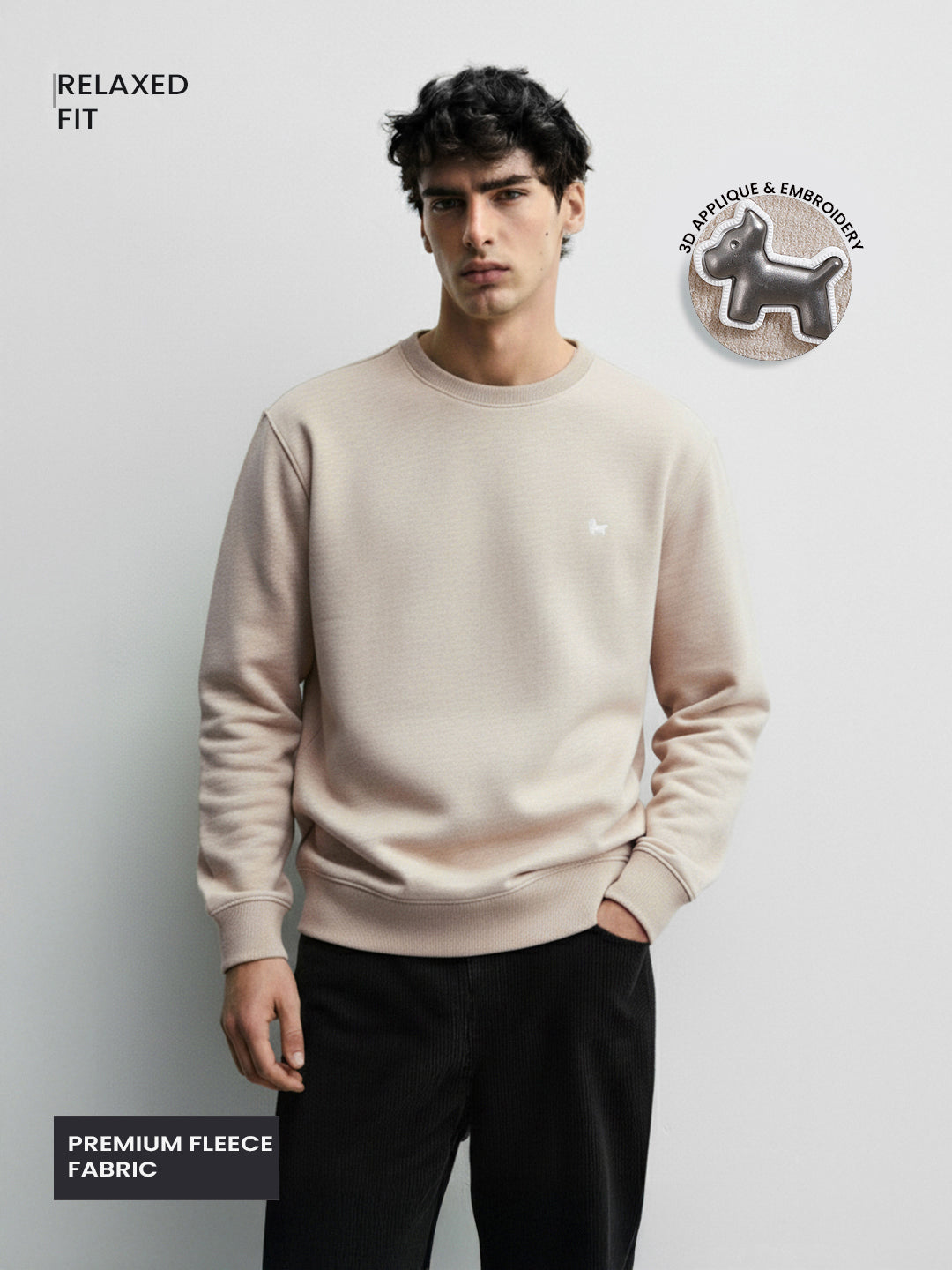 Men's Beige Relaxed Fit Embroided Casual Sweatshirt