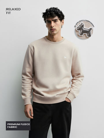Men's Beige Relaxed Fit Embroided Casual Sweatshirt