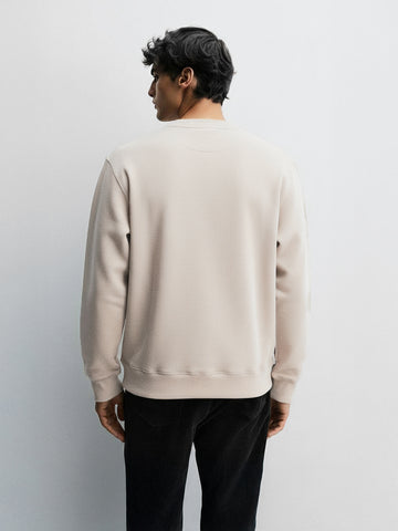 Men's Beige Relaxed Fit Embroided Casual Sweatshirt