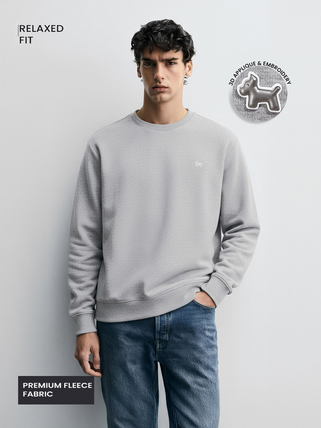Men's Grey Relaxed Fit Embroided Casual Sweatshirt