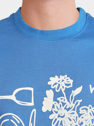 Men's Blue Relaxed Fit Graphic Printed Casual T-Shirt