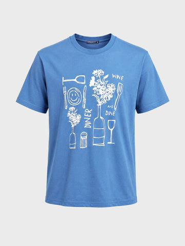 Men's Blue Relaxed Fit Graphic Printed Casual T-Shirt