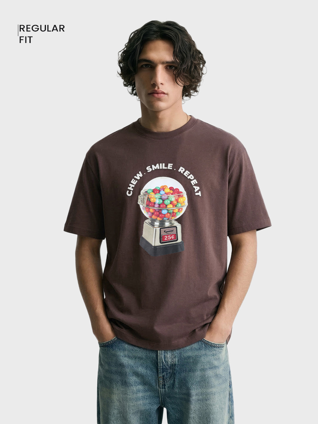 Men's Brown Relaxed Fit Printed Casual T-Shirt