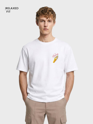 Men's White Relaxed Fit Printed Casual T-Shirt