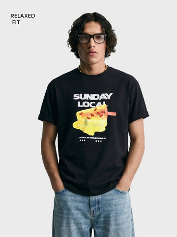 Men's Black Relaxed Fit Embroidered Casual T-Shirt