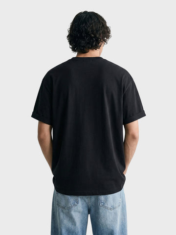 Men's Black Relaxed Fit Embroidered Casual T-Shirt
