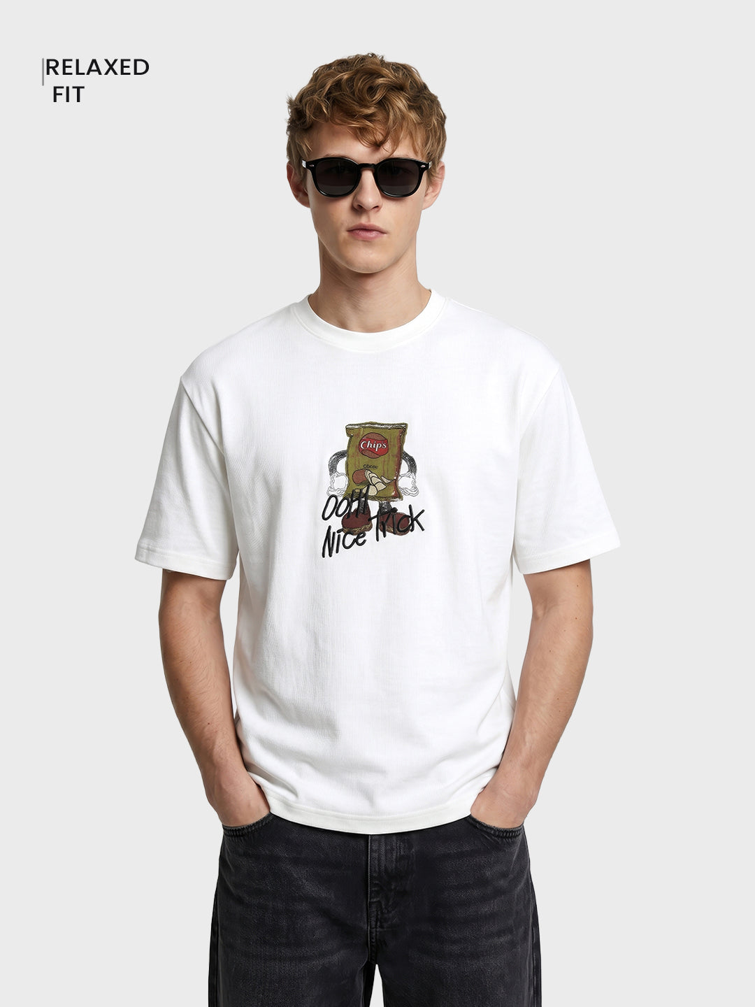 Men's White Relaxed Fit Graphic Printed Casual T-Shirts