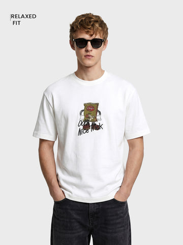 Men's White Relaxed Fit Graphic Printed Casual T-Shirts