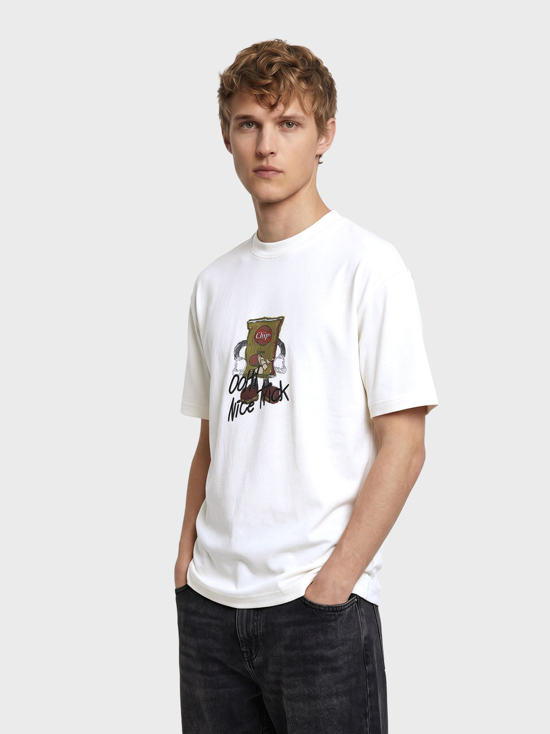 Men's White Relaxed Fit Graphic Printed Casual T-Shirts