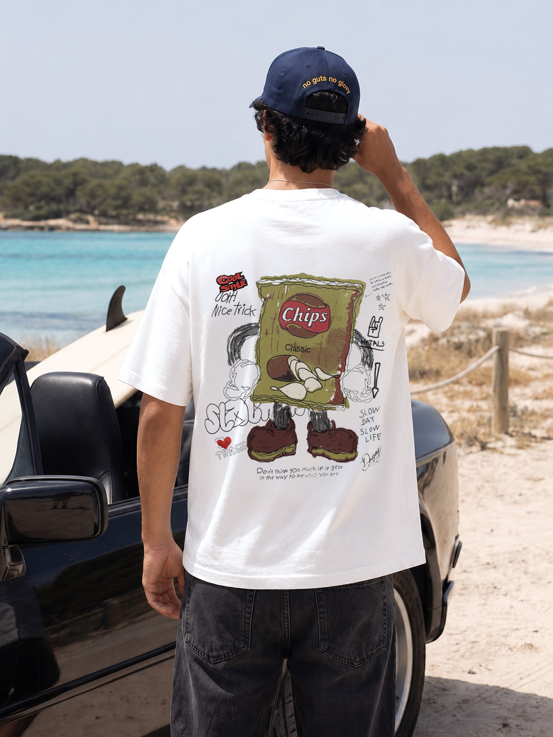 Men's White Relaxed Fit Graphic Printed Casual T-Shirts