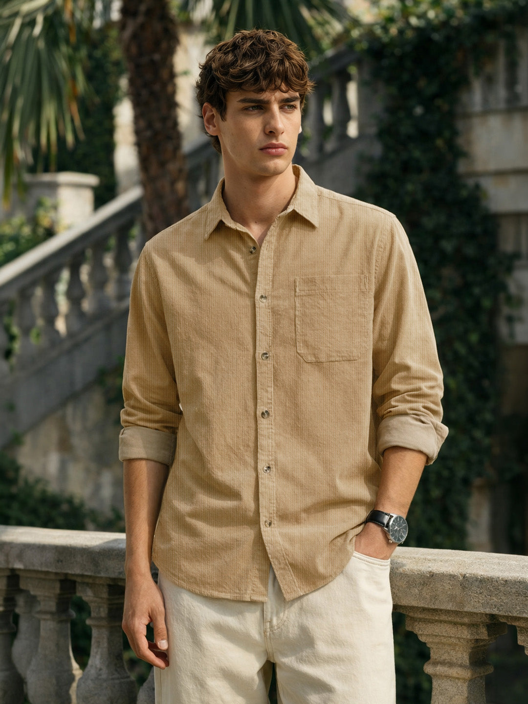 Men's Khaki Regular Fit Solid Casual Shirt