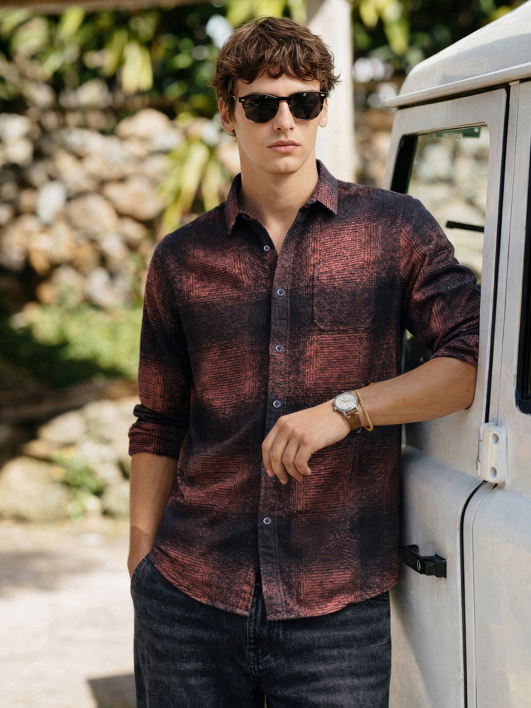 Men's Brown Slim Fit Checked Casual Shirt