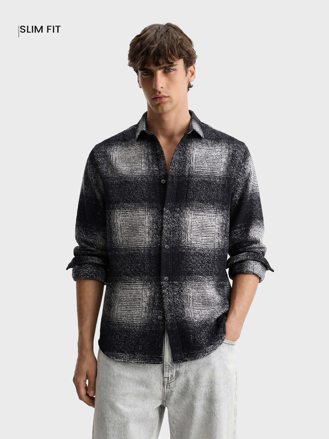 Men's Grey Slim Fit Checked Casual Shirt