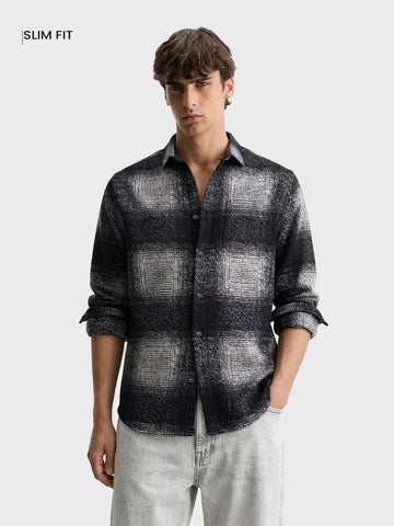 Men's Grey Slim Fit Checked Casual Shirt