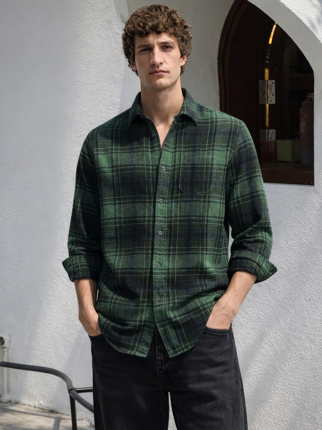 Men's Green Slim Fit Checked Casual Shirt