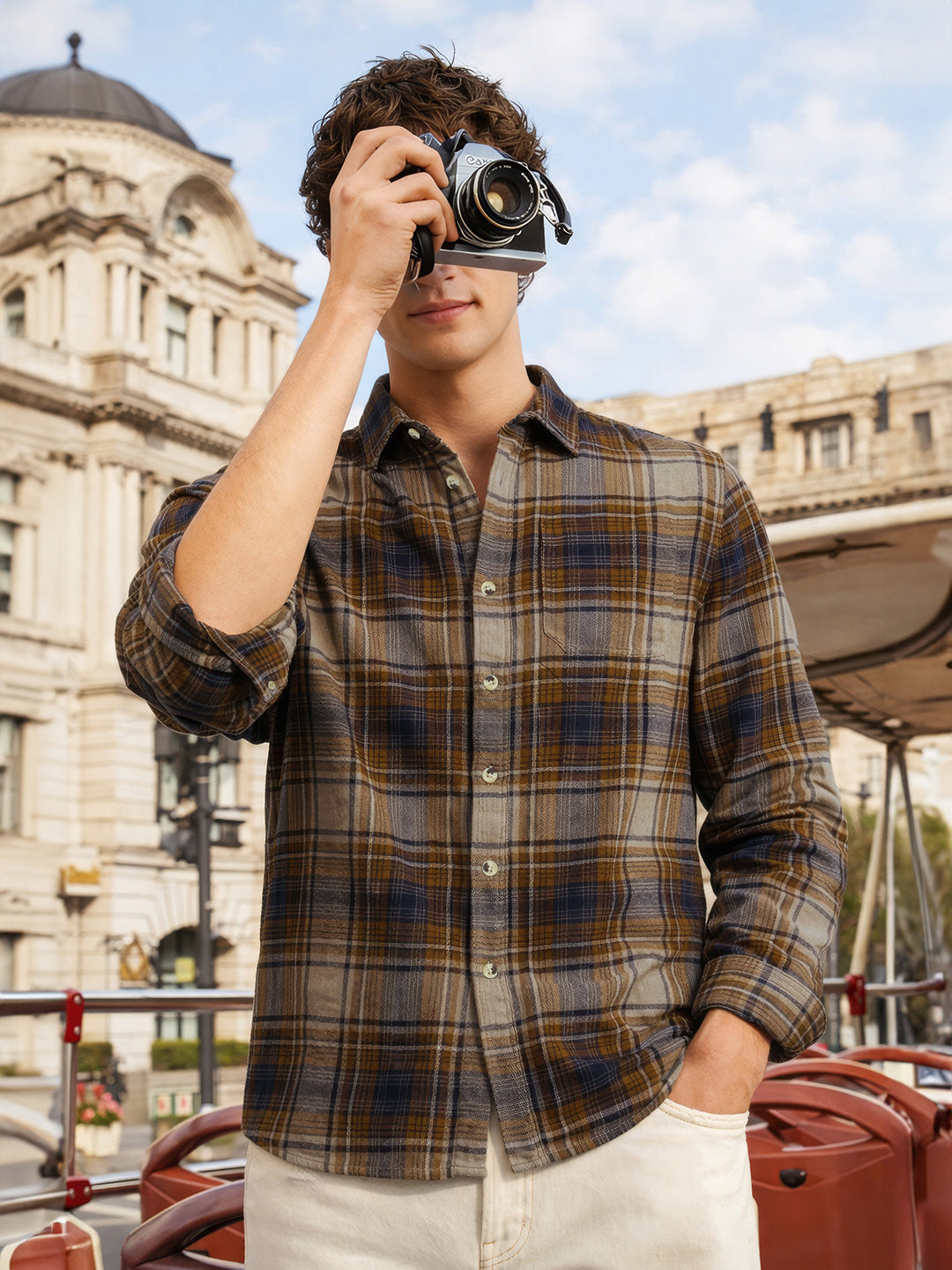 Men's Brown Slim Fit Checked Casual Shirt