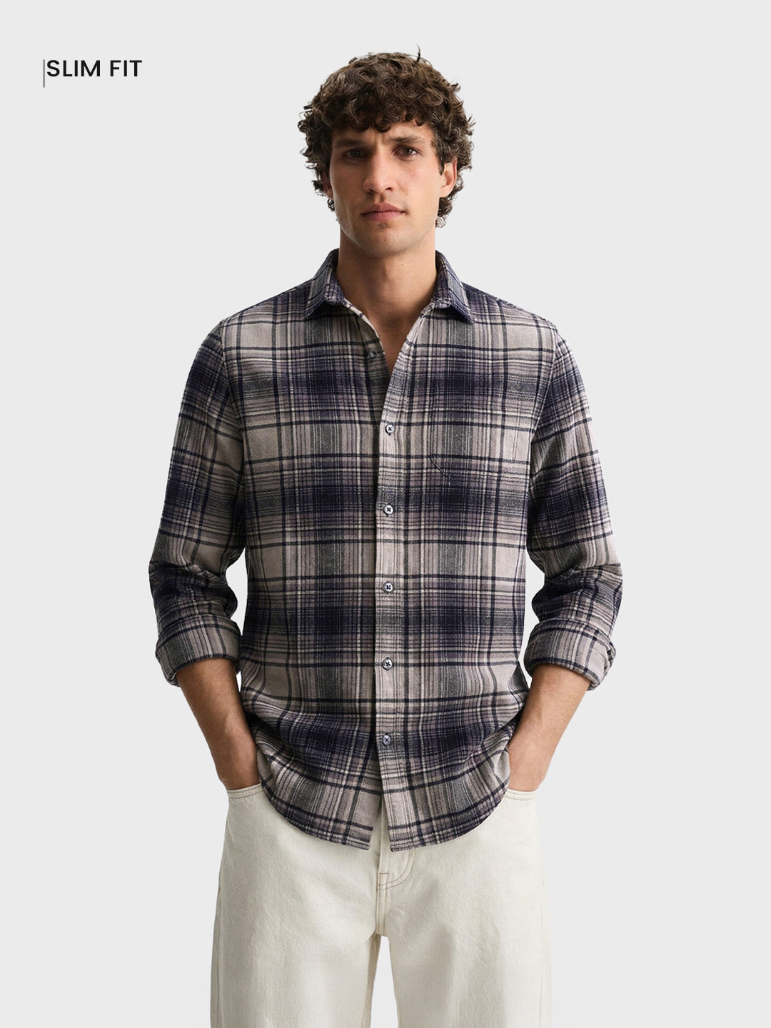 Men's Grey Slim Fit Checked Casual Shirt